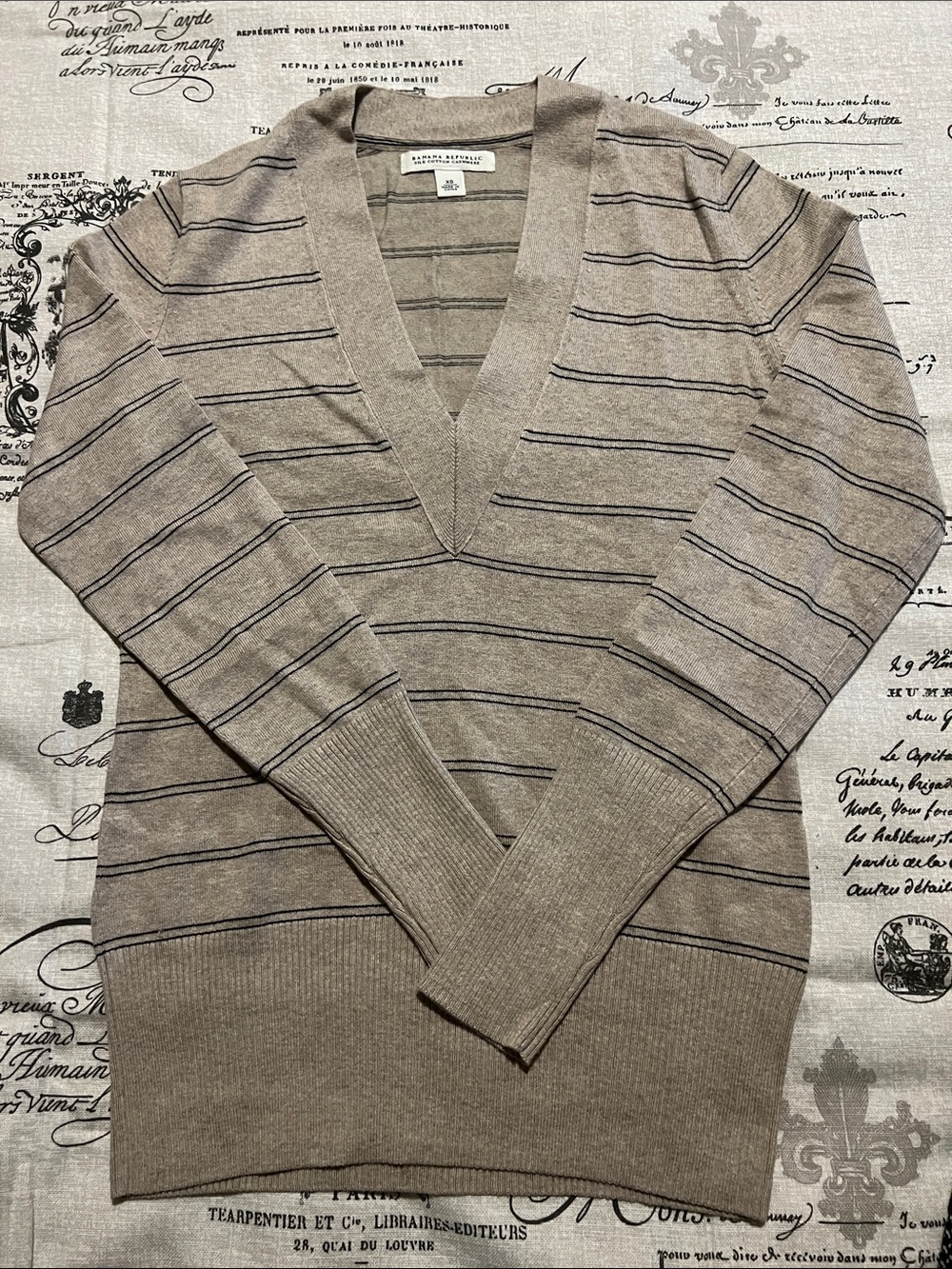Banana Republic Taupe V-Neck Sweater with Stripes